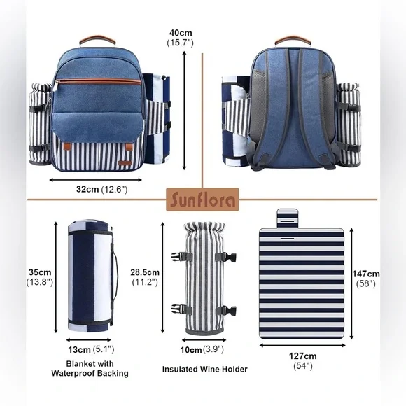 Sunflora Insulated Picnic Backpack for 2 Person Bag with Cooler Compartment Blue - Picture 2 of 10